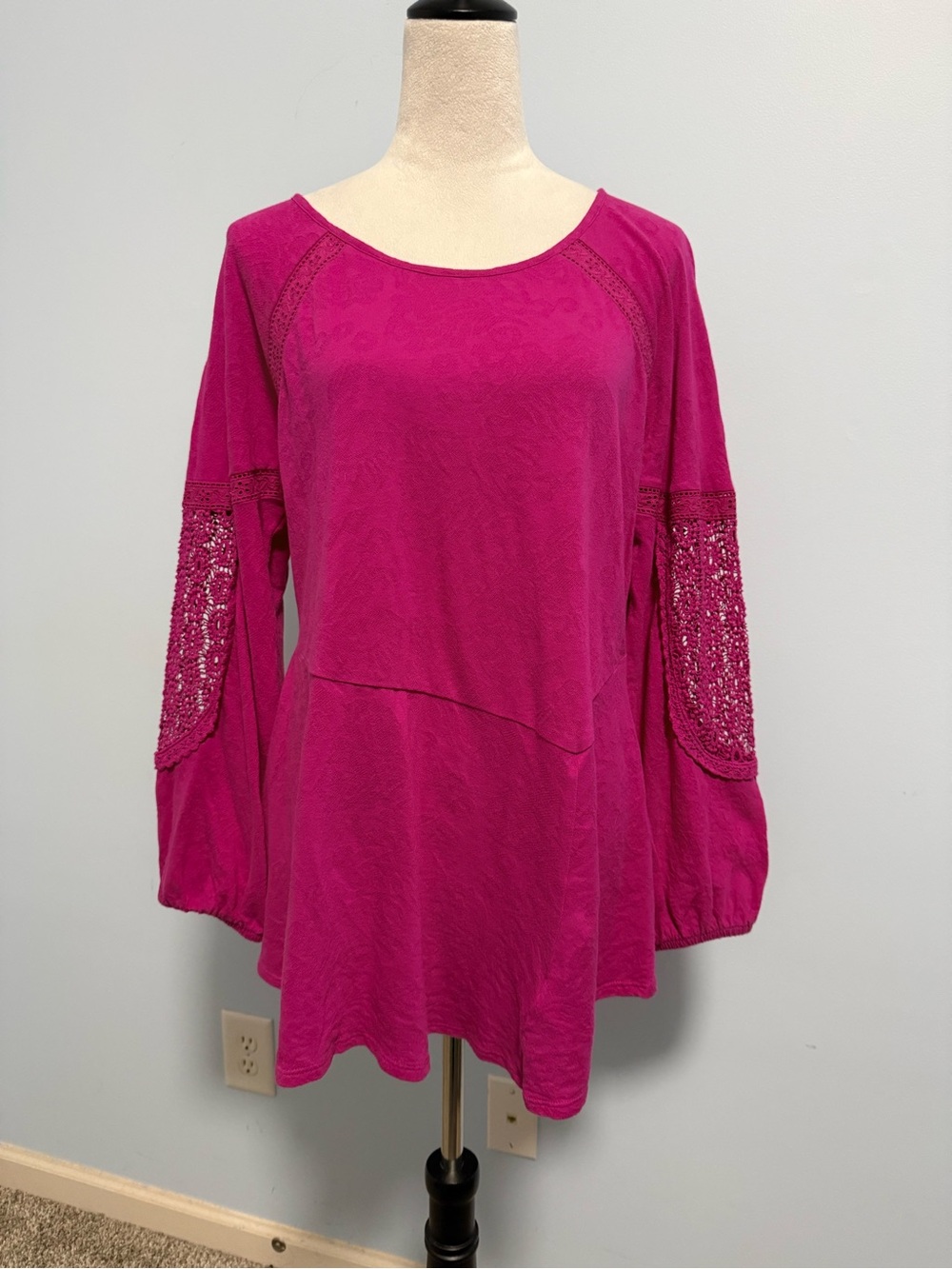 Soft Surroundings Long Sleeve Lace Trim Peasant‎ Pink Textured Cotton Tunic Sz M